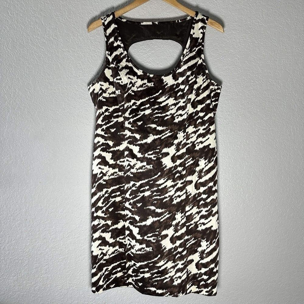 Michael Kors Brown & Cream Abstract‎ Print Bodycon Dress SZ 12 Old Money Chic